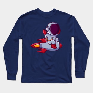 Cute Astronaut Riding Rocket Cartoon Long Sleeve T-Shirt